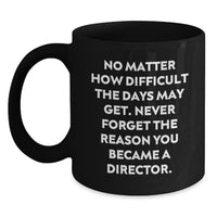 Load image into Gallery viewer, Funny Director Gifts for Birthday, Inspirational Black Coffee Mug with Quote &#39;No Matter How Difficult The Days May Get. Never Forget The Reason You Became A Director.&#39; Gifts from Friends to Family - Main
