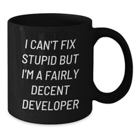 Load image into Gallery viewer, Funny Developer Gifts from Friends for Him Birthday Unique Mug - &#39;I Can&#39;t Fix Stupid But I&#39;m A Fairly Decent Developer&#39; Quote - Additional
