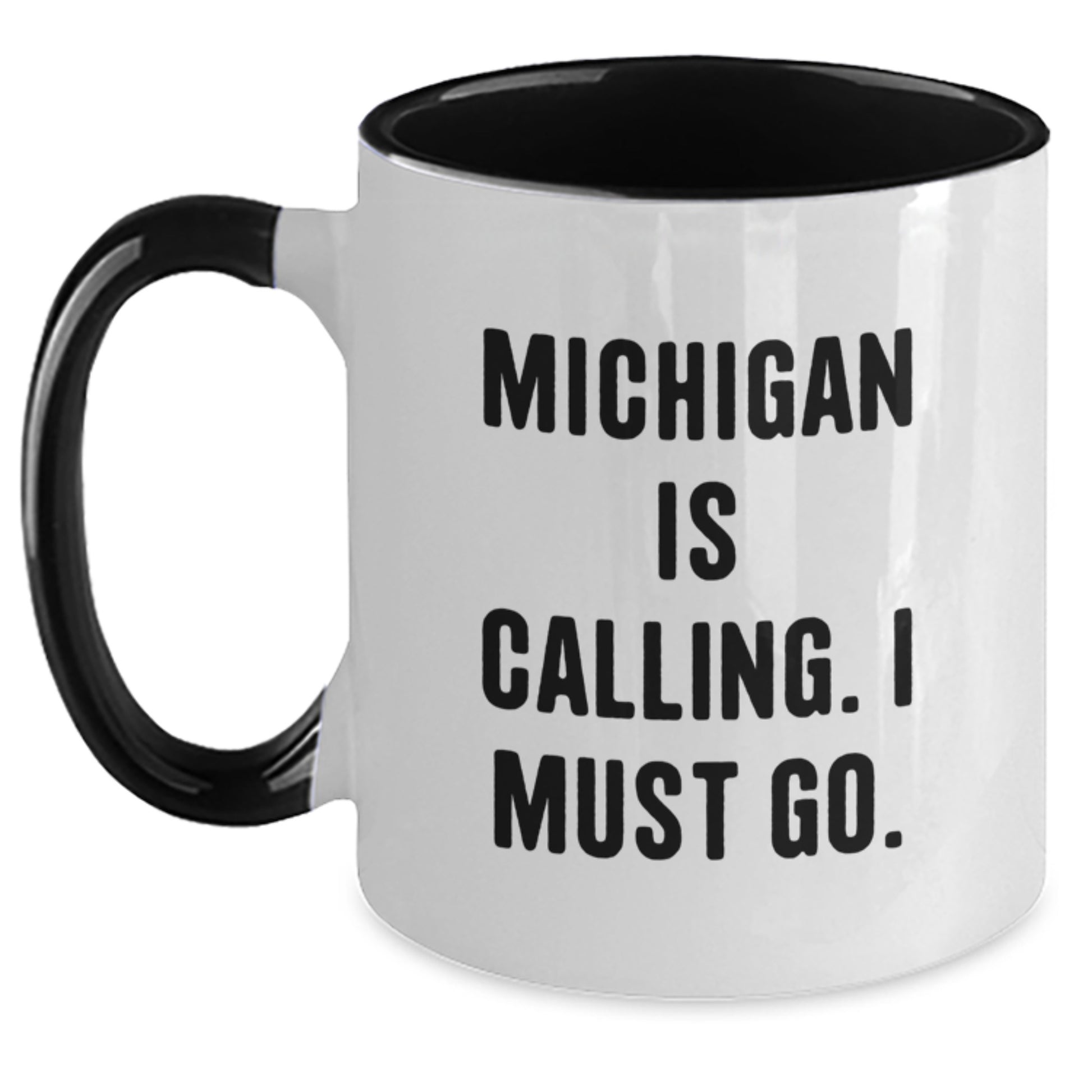 Funny Michigan Gifts, Two Tone Coffee Mugs for Men, Women, Friends, Coworkers, Family, 'Michigan Is Calling. I Must Go.' - Main