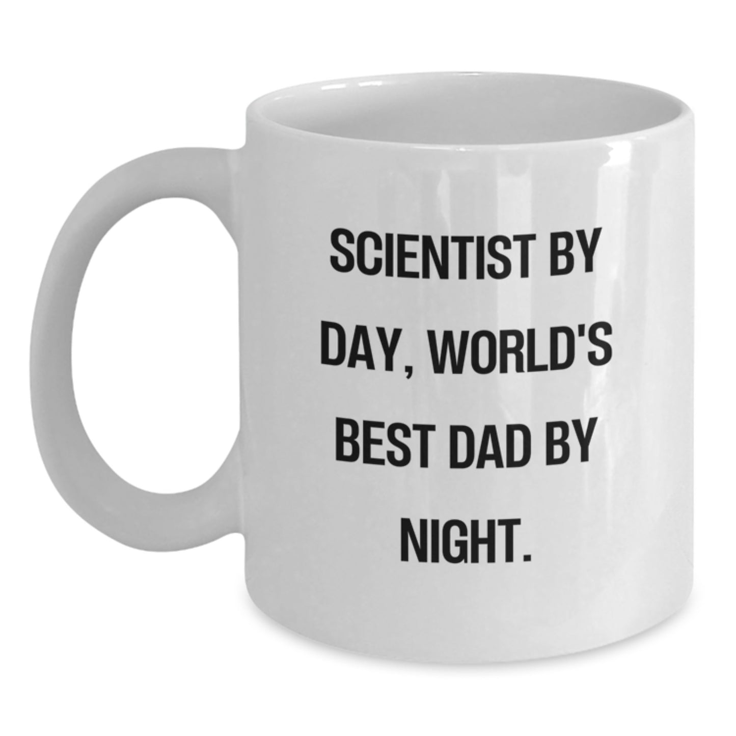 Funny Scientist Gifts for Men - 'Scientist By Day, World's Best Dad By Night.' Quote on White Coffee Mug for Graduation - Gifts from Dad to Scientist - Main