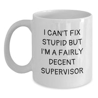 Load image into Gallery viewer, Funny Supervisor Gifts from Friends for Men or Women - White Coffee Mug, I Can&#39;t Fix Stupid But I&#39;m A Fairly Decent Supervisor Quote, Birthday Unique Gifts - Main
