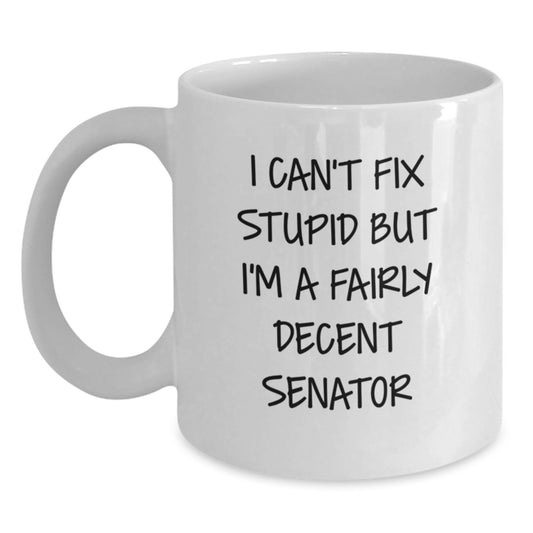 Funny Senator Gifts for Men from Friends and Family - I Can't Fix Stupid But I'm A Decent Senator White Coffee Mug - Main
