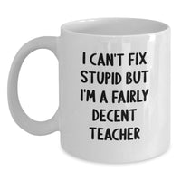 Load image into Gallery viewer, Funny Teacher Gifts from Friends, Birthday Unique Teacher Appreciation Mug, I Can&#39;t Fix Stupid But I&#39;m A Decent Teacher, 11oz or 15oz White Coffee Mug - Main

