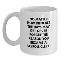 Load image into Gallery viewer, Funny Payroll Clerk Gifts, Birthday Unique Gifts from Men to Payroll Clerk, 'No Matter How Difficult The Days May Get' Quote White Coffee Mug, 11oz or 15oz Capacity - Main
