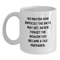 Load image into Gallery viewer, Funny Tax Preparer Gifts from Friends for Birthday - &#39;No Matter How Difficult The Days May Get...&#39; White Coffee Mug - Main
