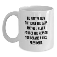 Load image into Gallery viewer, Funny Vice President Gifts for Men, White Coffee Mug, Inspirational Quote &#39;No Matter How Difficult The Days May Get. Never Forget The Reason You Became A Vice President.&#39; - Main
