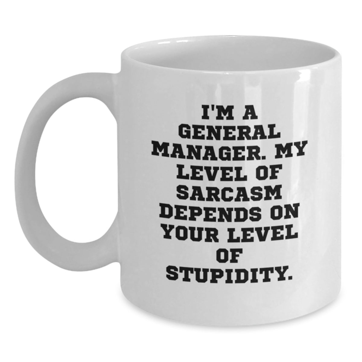 Funny General Manager White Coffee Mug Gifts from Friends for Christmas - 'I'm A General Manager. My Level Of Sarcasm Depends On Your Level Of Stupidity.' - Main