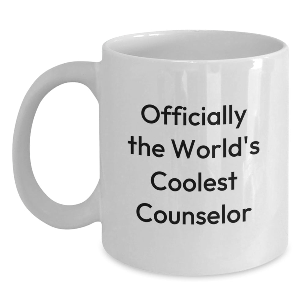 Funny Counselor Gifts from Friends Christmas Unique White Coffee Mug - 'Officially The World's Coolest Counselor' Quote on White Ceramic Mug, 11oz or 15oz Capacity, Microwave and Dishwasher Safe - Main