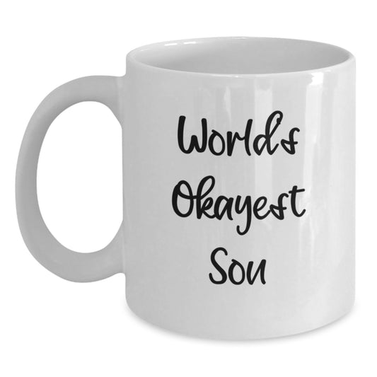 Funny Son Gifts from Mom, Son White Coffee Mug, World's Okayest Son Quote, Unique Mother's Day Unique Gifts for Son - Main