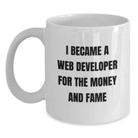 Load image into Gallery viewer, Funny Gifts for Web Developer, Valentine's Unique Web Developer Coffee Mug, I Became A Web Developer For The Money And Fame Quote, White Coffee Mug for Him, Gifts from Men to Web Developer Friends - Main
