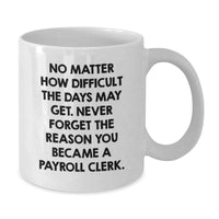 Load image into Gallery viewer, Funny Payroll Clerk Gifts, Birthday Unique Gifts from Men to Payroll Clerk, 'No Matter How Difficult The Days May Get' Quote White Coffee Mug, 11oz or 15oz Capacity - Additional
