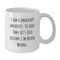 Load image into Gallery viewer, Funny Quote for Landscape Architect Friends, Unique Gifts for Christmas, 'I Am A Landscape Architect. To Save Time Let's Just Assume I'm Never Wrong.' White Coffee Mug - Additional
