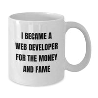 Load image into Gallery viewer, Funny Gifts for Web Developer, Valentine's Unique Web Developer Coffee Mug, I Became A Web Developer For The Money And Fame Quote, White Coffee Mug for Him, Gifts from Men to Web Developer Friends - Additional

