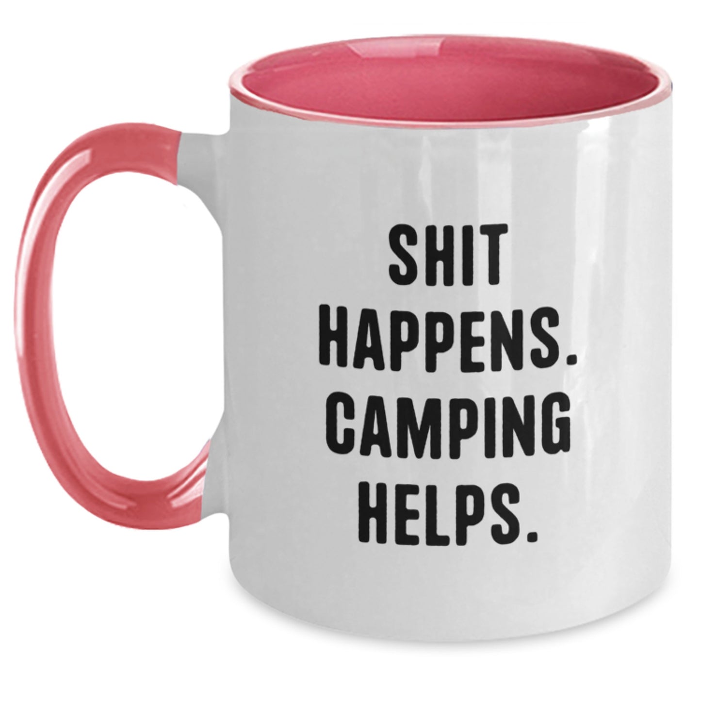 Funny Camping Gifts for Men and Women - Shit Happens Two Tone Coffee Mug, Black and White, 11oz, Camping Enthusiasts, Gifts from Friends and Family, Graduation Unique - Main