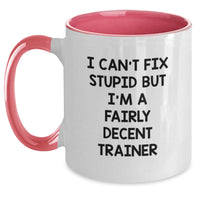 Load image into Gallery viewer, Funny Trainer Gifts, I Can&#39;t Fix Stupid But I&#39;m A Fairly Decent Trainer Two Tone Coffee Mug, Birthday for Men, Women, Friends, Coworkers, Family - Main
