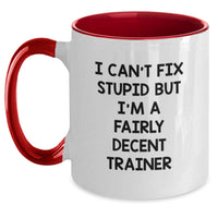 Load image into Gallery viewer, Funny Trainer Gifts, I Can&#39;t Fix Stupid But I&#39;m A Fairly Decent Trainer Two Tone Coffee Mug, Birthday for Men, Women, Friends, Coworkers, Family - Main
