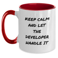 Load image into Gallery viewer, Funny Developer Gifts from Friends - Keep Calm And Let The Developer Handle It Two Tone Coffee Mugs for Her, Him, Coworkers, Valentine's Unique Ideas - Main
