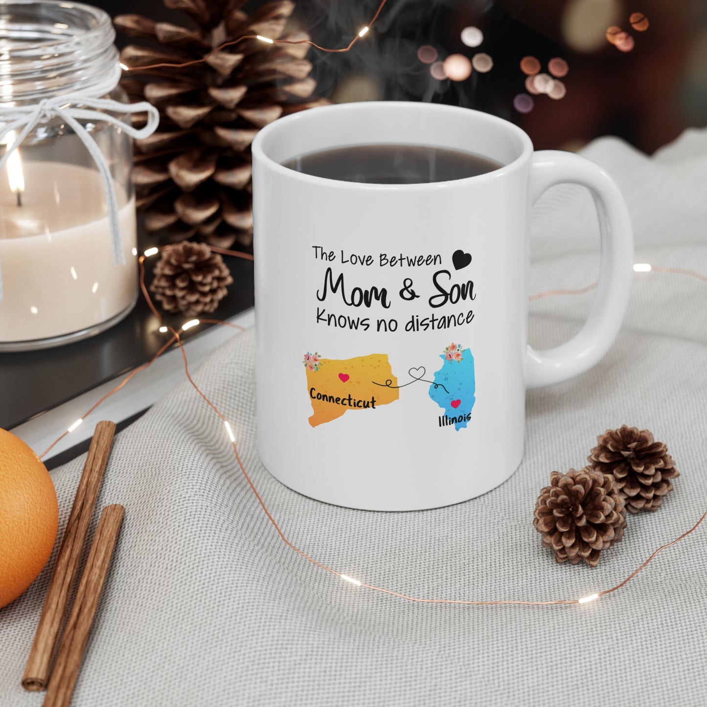 Connecticut Illinois Mother's Day Gifts - Love Mom & Son - Long Distance Home State 11 OZ Coffee Mug for Mom
