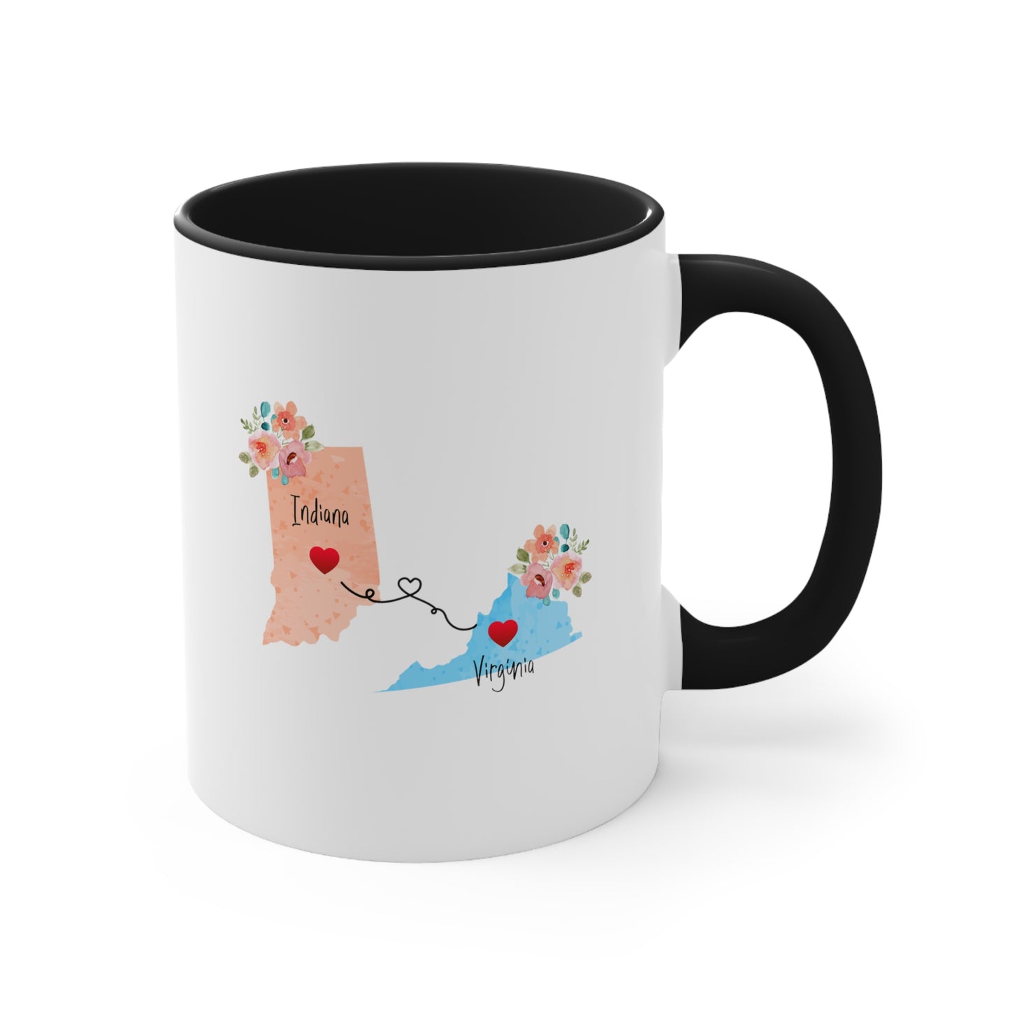 Indiana Virginia Gifts | Long Distance State Two Tone Coffee Mug | State to State | Away From Home Family | Moving Away Mug