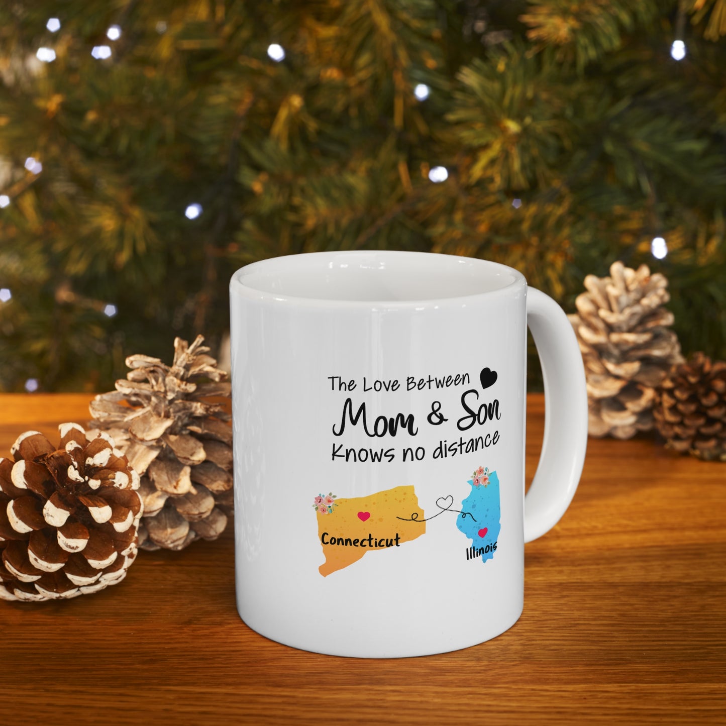 Connecticut Illinois Mother's Day Gifts - Love Mom & Son - Long Distance Home State 11 OZ Coffee Mug for Mom