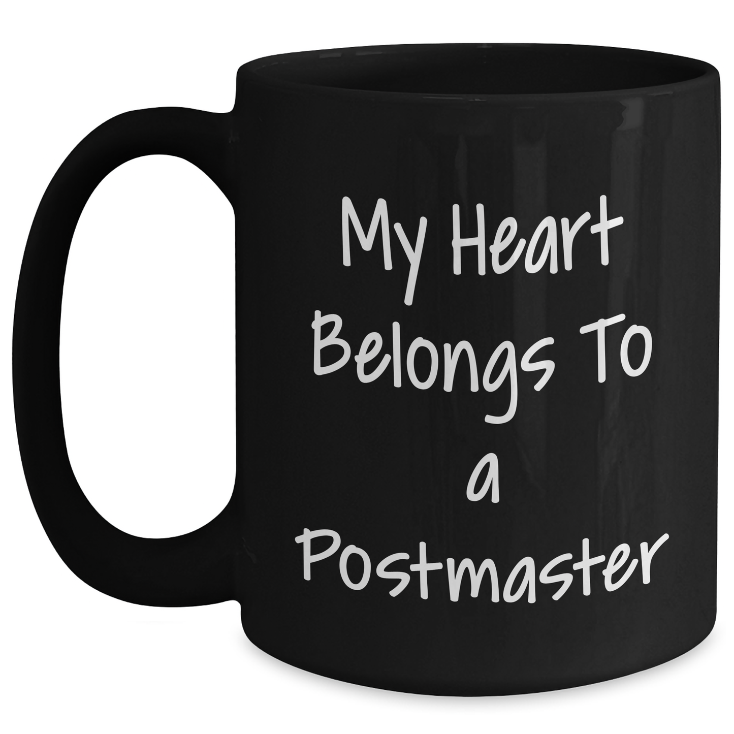 Funny Postmaster Gifts - My Heart Belongs To A Postmaster Black Coffee Mug, Gifts from Men to Postmasters on Father's Day - Main