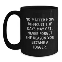 Load image into Gallery viewer, Funny Logger Gifts from Friends - 'No Matter How Difficult The Days May Get' Quote Black Coffee Mug for Birthday, Logger, Men, or Women - Main
