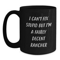 Load image into Gallery viewer, Funny Rancher Humor Black Coffee Mugs Gifts for Men Women Friends from Family - I Can&#39;t Fix Stupid But I&#39;m A Fairly Decent Rancher, Christmas Unique Gifts for Ranchers, Black Coffee Mug - Main
