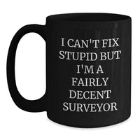 Load image into Gallery viewer, Funny Surveyor Mugs Gifts for Surveyor Friends, Birthday Unique Gifts from Friends, Black Coffee Mug with Humorous Quote, I Can't Fix Stupid But I'm A Fairly Decent Surveyor - Main
