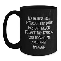 Load image into Gallery viewer, Inspirational Apartment Manager Gifts - Black Coffee Mug for Graduation from Friends - &#39;No Matter How Difficult The Days May Get. Never Forget The Reason You Became An Apartment Manager.&#39; - Main
