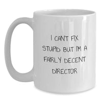 Load image into Gallery viewer, Funny Director Gifts - White Coffee Mug for Birthday - &#39;I Can&#39;t Fix Stupid But I&#39;m A Fairly Decent Director&#39; Gifts from Friends - Main
