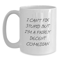 Load image into Gallery viewer, Funny Comedian Gifts for Men - &#39;I Can&#39;t Fix Stupid But I&#39;m A Fairly Decent Comedian&#39; White Coffee Mug, Gifts from Friends, Coworkers, Family - Main
