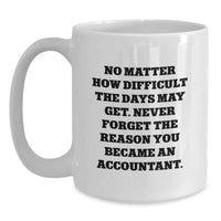 Load image into Gallery viewer, Funny Inspirational White Coffee Mug Gifts for Accountant Friends and Family - &#39;No Matter How Difficult The Days May Get. Never Forget The Reason You Became An Accountant.&#39; - Main

