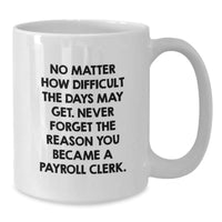 Load image into Gallery viewer, Funny Payroll Clerk Gifts, Birthday Unique Gifts from Men to Payroll Clerk, 'No Matter How Difficult The Days May Get' Quote White Coffee Mug, 11oz or 15oz Capacity - Additional
