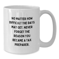 Load image into Gallery viewer, Funny Tax Preparer Gifts from Friends for Birthday - &#39;No Matter How Difficult The Days May Get...&#39; White Coffee Mug - Additional
