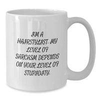 Load image into Gallery viewer, Funny Sarcasm White Coffee Mugs Gifts for Hairstylist Women Friends Family - 'I'm A Hairstylist. My Level Of Sarcasm Depends On Your Level Of Stupidity.' Christmas Unique Gifts from Men to Women - Additional
