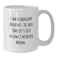Load image into Gallery viewer, Funny Quote for Landscape Architect Friends, Unique Gifts for Christmas, 'I Am A Landscape Architect. To Save Time Let's Just Assume I'm Never Wrong.' White Coffee Mug - Additional
