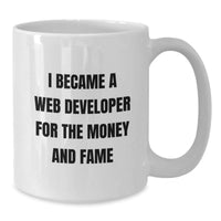 Load image into Gallery viewer, Funny Gifts for Web Developer, Valentine's Unique Web Developer Coffee Mug, I Became A Web Developer For The Money And Fame Quote, White Coffee Mug for Him, Gifts from Men to Web Developer Friends - Additional
