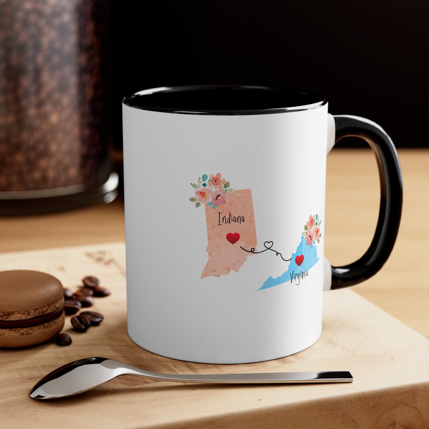 Indiana Virginia Gifts | Long Distance State Two Tone Coffee Mug | State to State | Away From Home Family | Moving Away Mug