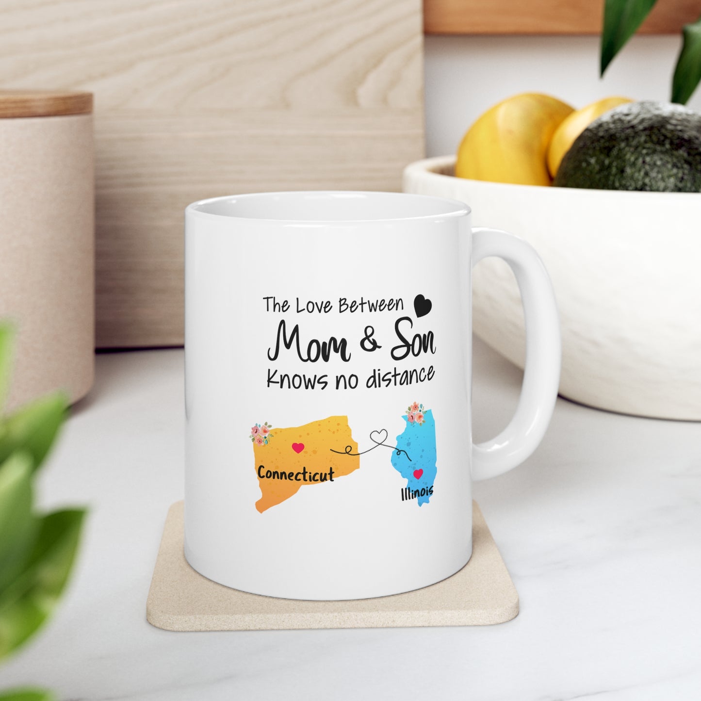 Connecticut Illinois Mother's Day Gifts - Love Mom & Son - Long Distance Home State 11 OZ Coffee Mug for Mom