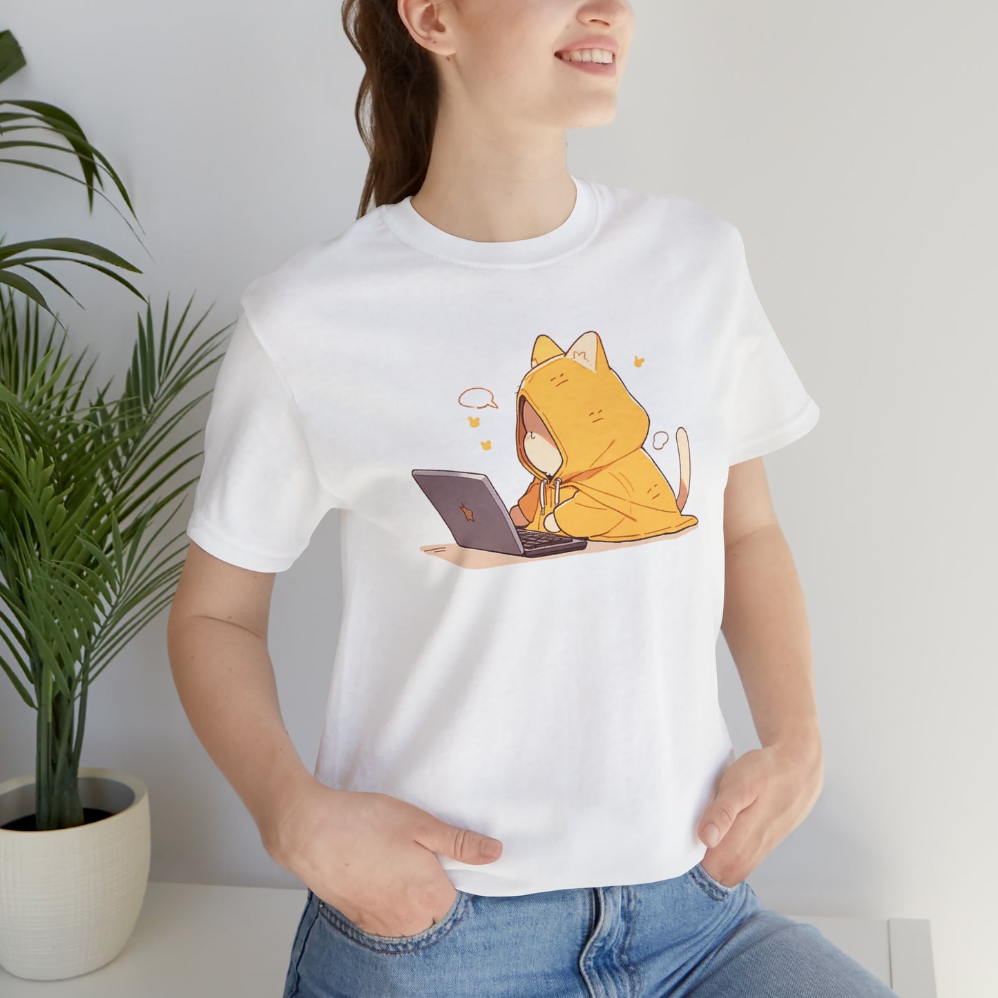 Working Cat in Yellow Hoodie, Anime Style T-shirt