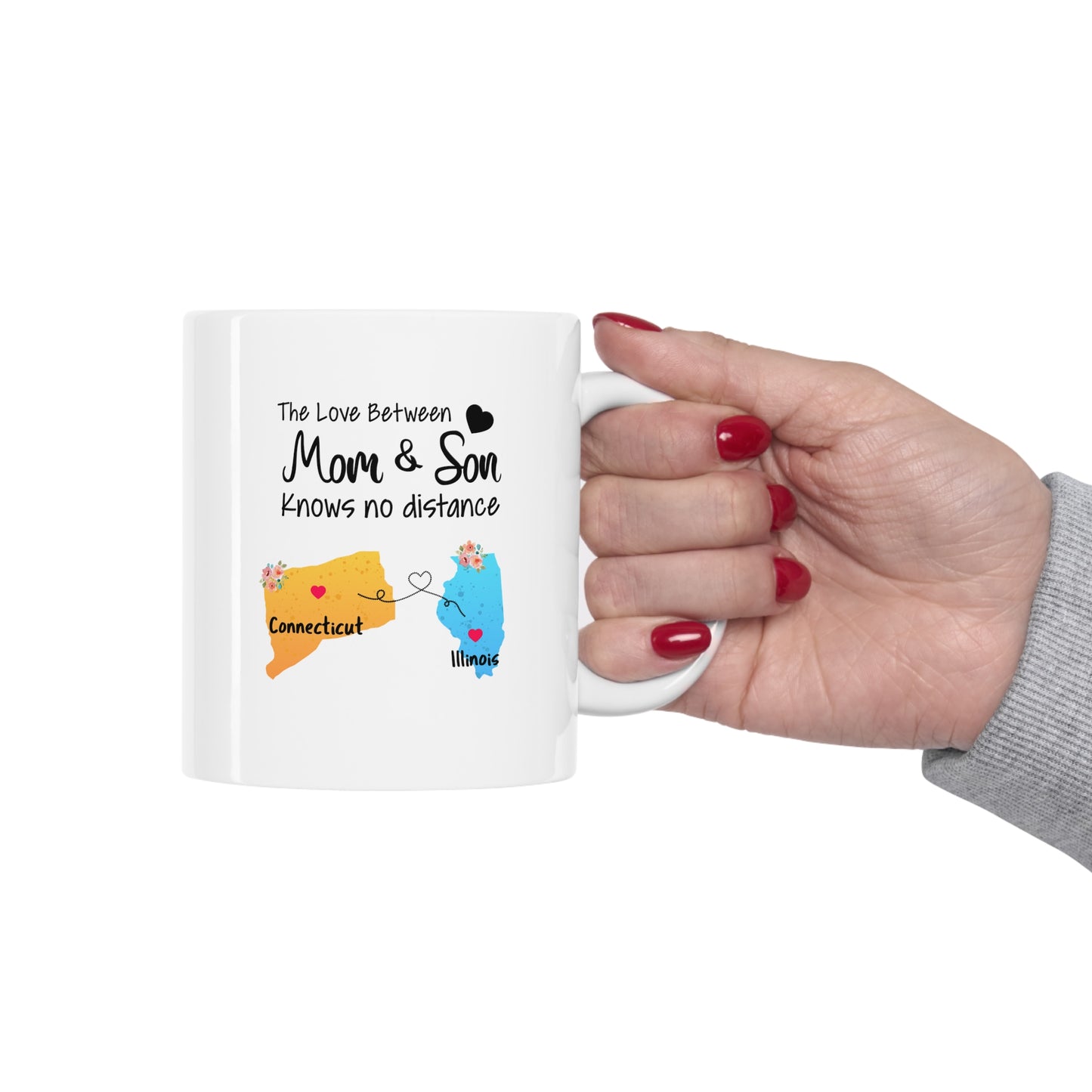 Connecticut Illinois Mother's Day Gifts - Love Mom & Son - Long Distance Home State 11 OZ Coffee Mug for Mom