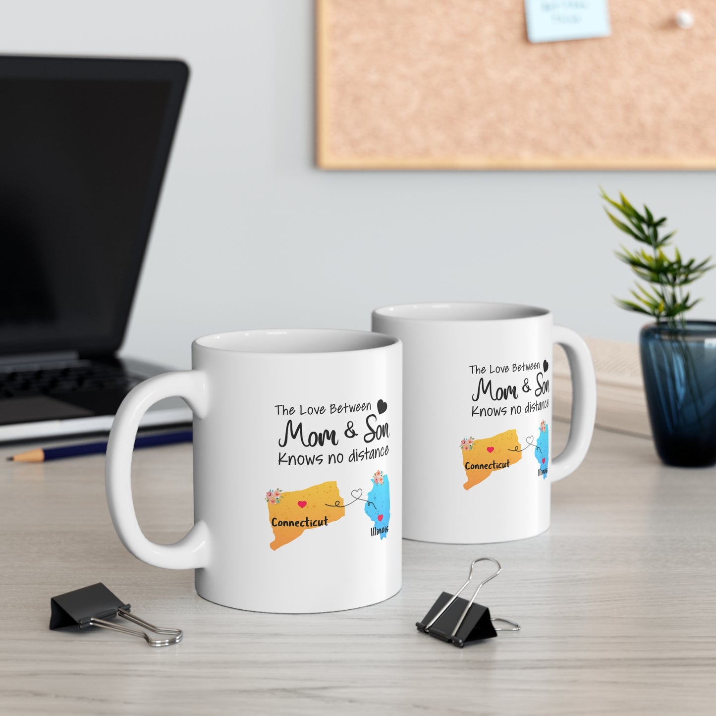 Connecticut Illinois Mother's Day Gifts - Love Mom & Son - Long Distance Home State 11 OZ Coffee Mug for Mom
