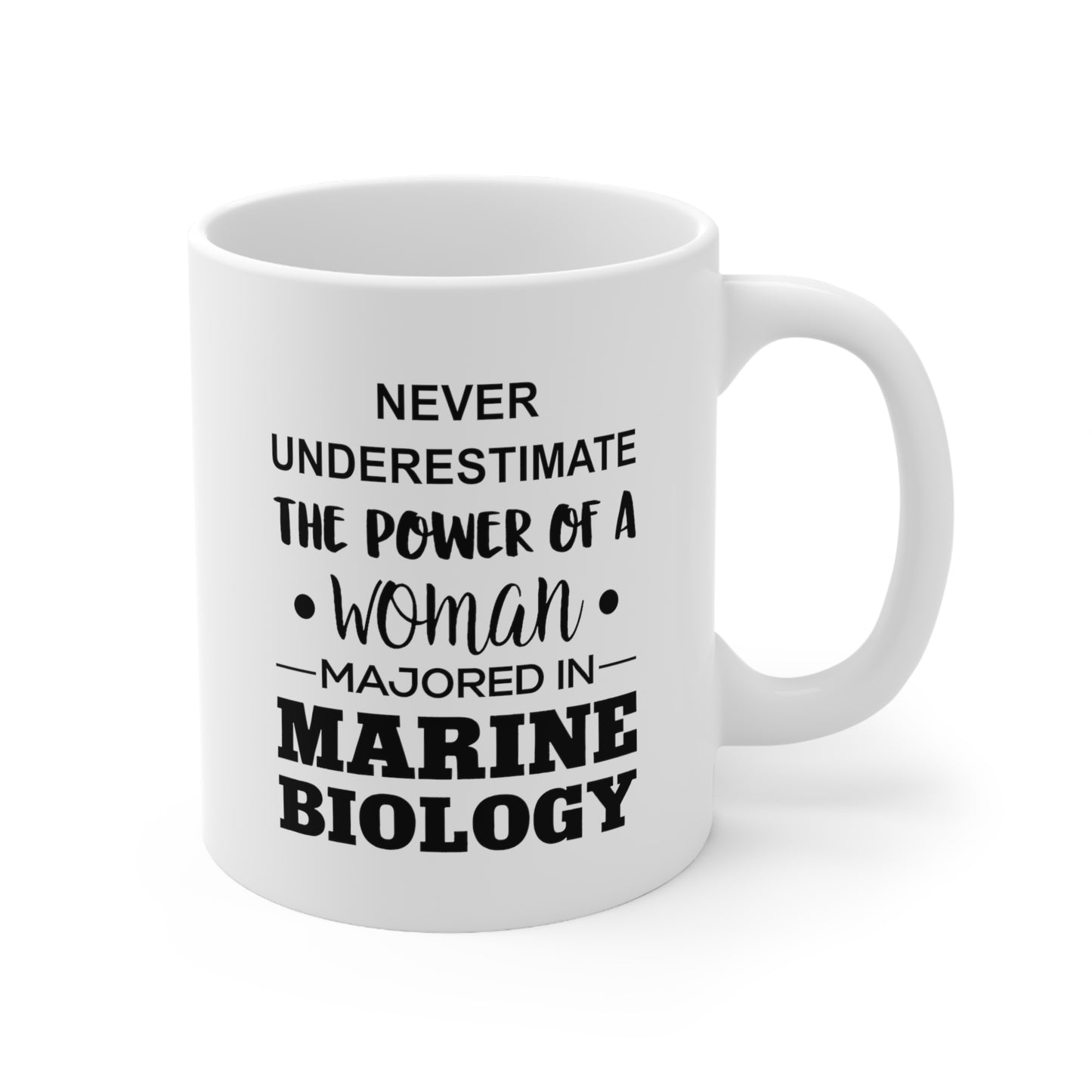 Never Underestimate The Power Of A Woman Majored In Marine Biology - Funny Marine Biologist Ceramic Coffee Cup