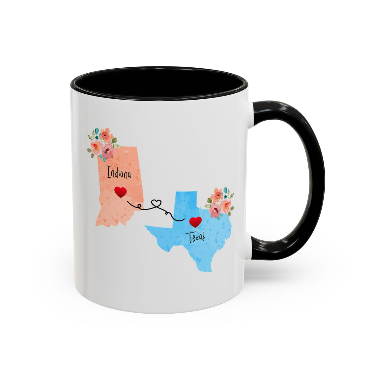 Indiana Texas Gifts | Long Distance State Two Tone Coffee Mug | State to State | Away From Home Family | Moving Away Mug