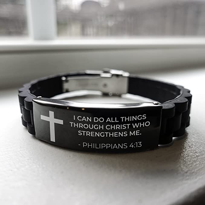 Baptism Gifts for Teenage Boys, I Can Do All Things Through Christ, Religious Bible Verse Catholic Black Bracelets for Son, Grandson, Dad, Godfather