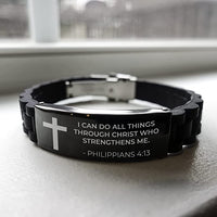 Load image into Gallery viewer, Baptism Gifts for Teenage Boys, I Can Do All Things Through Christ, Religious Bible Verse Catholic Black Bracelets for Son, Grandson, Dad, Godfather
