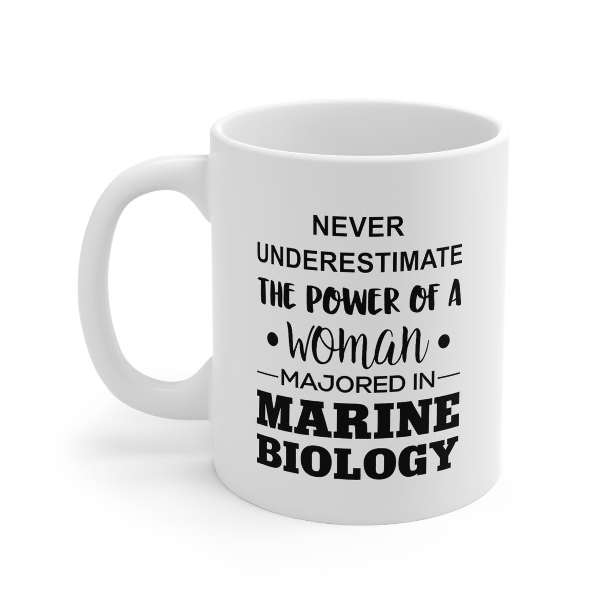 Never Underestimate The Power Of A Woman Majored In Marine Biology - Funny Marine Biologist Ceramic Coffee Cup