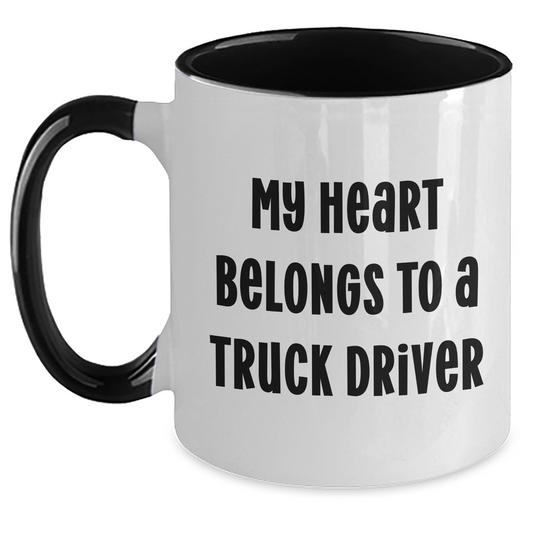 Funny Truck Driver Gifts from Women to Men - My Heart Belongs To A Truck Driver Two Tone Coffee Mug, Father's Day Unique Gifts for Truckers, 11oz Ceramic Mug - Main