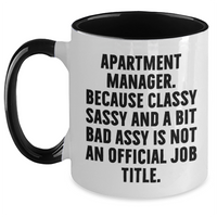 Load image into Gallery viewer, Funny Apartment Manager Gifts from Friends for Graduation, Two Tone Coffee Mug with &#39;Apartment Manager. Because Classy Sassy And A Bit Fearlessy Is Not An Official Job Title.&#39; Quote, 11oz Capacity - Main
