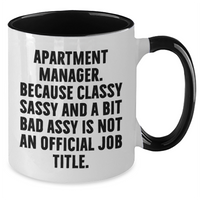 Load image into Gallery viewer, Funny Apartment Manager Gifts from Friends for Graduation, Two Tone Coffee Mug with &#39;Apartment Manager. Because Classy Sassy And A Bit Fearlessy Is Not An Official Job Title.&#39; Quote, 11oz Capacity - Additional
